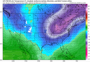 A trough will set-up in the East, but it appears key ingredients needed for a coastal storm won't come together soon enough for a high impact event. Image: Tropicaltidbits.com