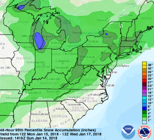 The National Weather Service believes there's a high probability of snow in the green areas on this map, with darker shades reflecting a higher probability of heavier amounts. Image: NWS
