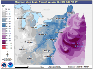 Strong winds will blast the northeast, with some gusts approaching hurricane force near the coast. Image: NWS