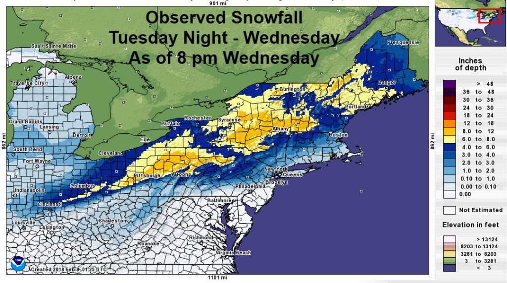 Snow is wrapping up in the northeast tonight, with some areas picking up another foot of fresh snow with this storm. Image: National Weather Service