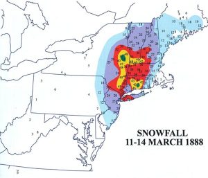 Very heavy snow fell during the Blizzard of 1888, as this map from the book "Northeast Snowstorms" shows. The book was authored by winter weather experts Paul Kocin and Louis Uccellini. Uccellini now serves as the Director of the National Weather Service. Image: "Northeast Snowstorms" / Paul Kocin & Louis Uccelini