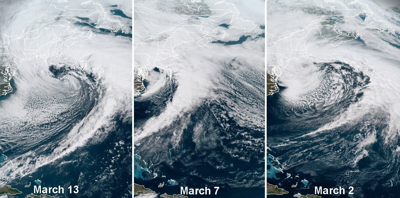GOES-East satellite photography have snapped the three last nor'easters: today's, March 7, and March 2. It may be capturing another one next week if the European forecast model is correct.
