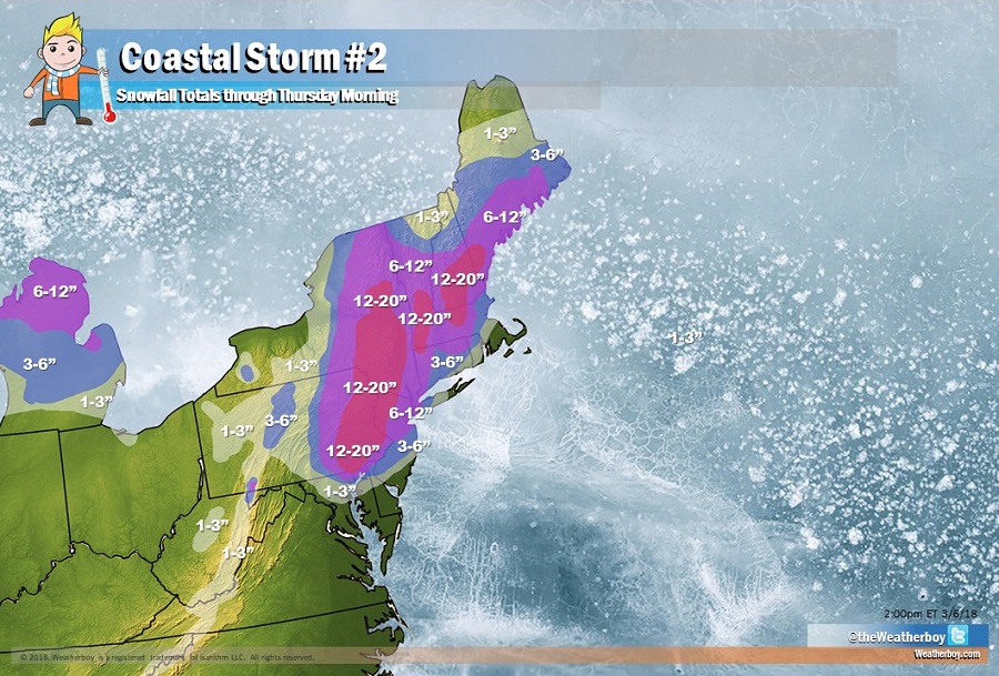 Heavy snow will fall from late tonight through Wednesday and early Thursday in portions of the Northeast. Snowfall amounts will drastically decrease along and just south and east of the I-95 corridor. Image: Weatherboy