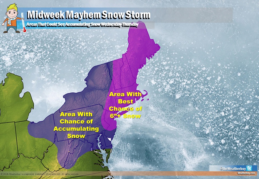 Another area of low pressure is forecast to intensify along the coast, bringing another plowable snow event to the northeast. While snow is possible in the shaded region, the purple area has the best chances of 6 inches or more of snow. It is too early to say with certainty how much snow will fall; such snowfall forecasts will likely be possible by late Monday ahead of Wednesday's impacts. Image: Weatherboy