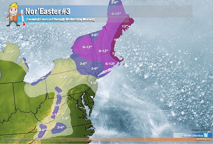 Heavy snow is expected to fall in the northeast from the third nor'easter to impact the region in less than 2 weeks. Image: Weatherboy