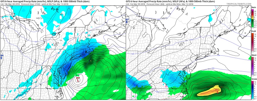 While various computer forecast guidance are in conflict with each other, some are in conflict with themselves. These two outputs are from the same American GFS forecast model over the last 24 hours, rendering very different solutions on how a late Sunday/early Monday storm system will evolve. Image: Tropicaltidbits.com