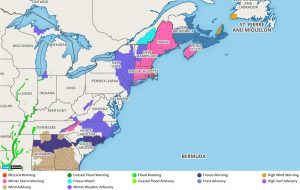 Winter Weather Advisories (purple) and Winter Storm Warnings (pink) are up across portions of the Mid Atlantic and Northeast. Blizzard Warnings (red) are up for extreme southeastern New England. Image: Weatherboy.com