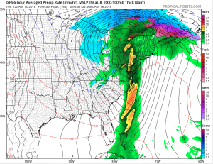 A potent cold front forecast to move through the eastern US this weekend could trigger severe thunderstorms along a large area. This American GFS forecast model graphic shows the low pressure system late Sunday night/early Monday morning. Image: Tropicaltidbits.com