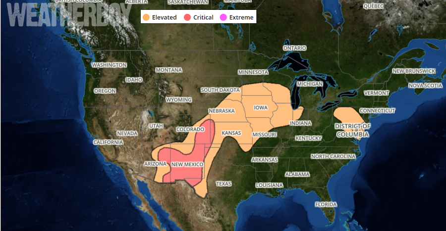 Area with greatest fire weather threat today. Image: weatherboy.com