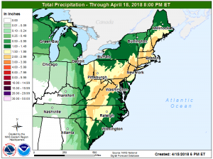 Heavy rain will fall in portions of the Eastern US through the next 24 hours as the frontal system pushes through. Image: NWS