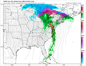 This high-resolution, short-duration forecast model depicts what RADAR could look like later this evening in the eastern US. Image: tropicaltidbits.com