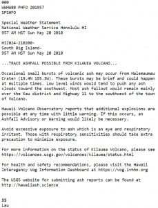 The National Weather Service will issue a Special Weather Statement when a trace of ashfall is possible. This Special Weather Statement was issued earlier today. Image: NWS