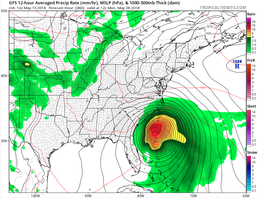 The American GFS model has been suggesting that a tropical cyclone will form near/around Memorial Day Weekend. Meteorologists believe this could be a "phantom storm."  Image: Tropicaltidbits.com
