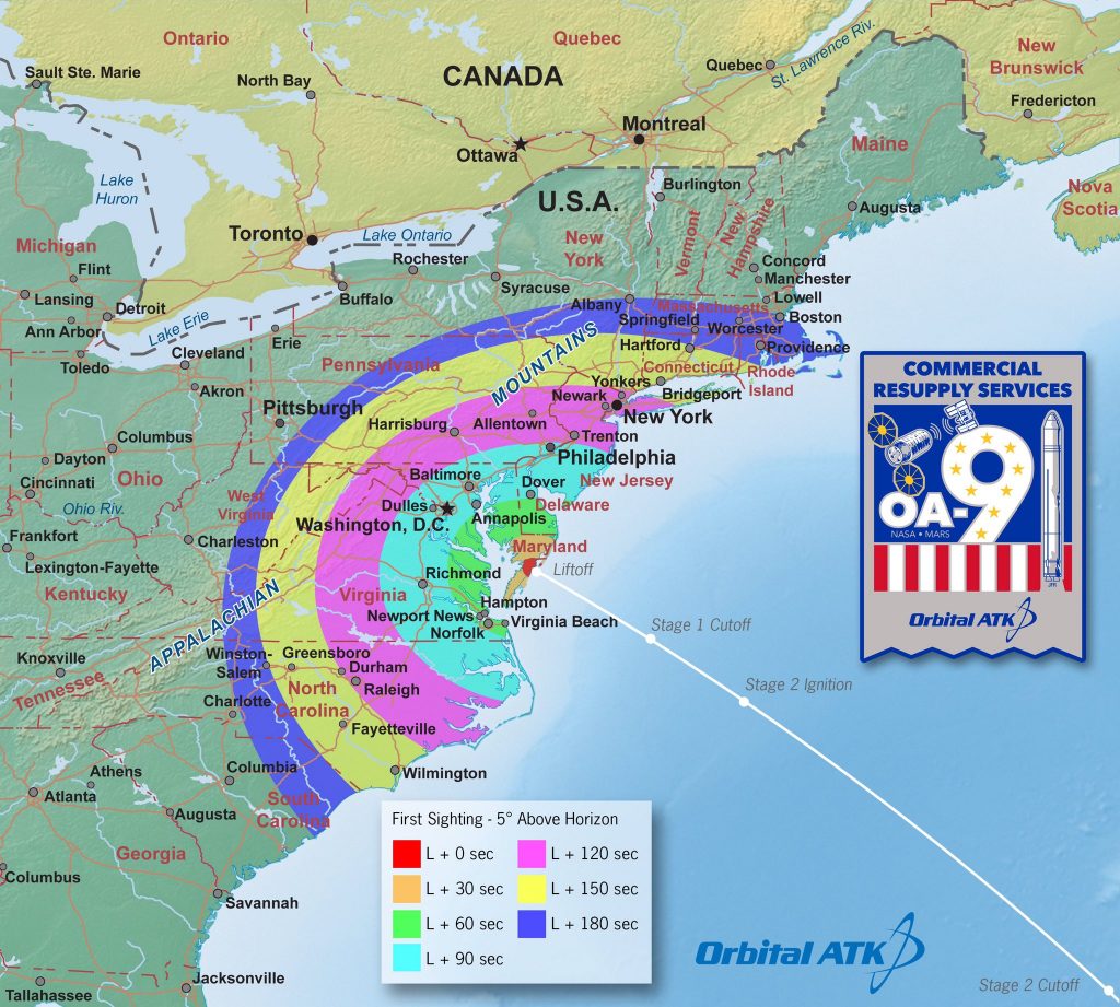 If the weather cooperates, a large, heavily populated area should be able to watch the rocket launch from their home. Image: Orbital ATK