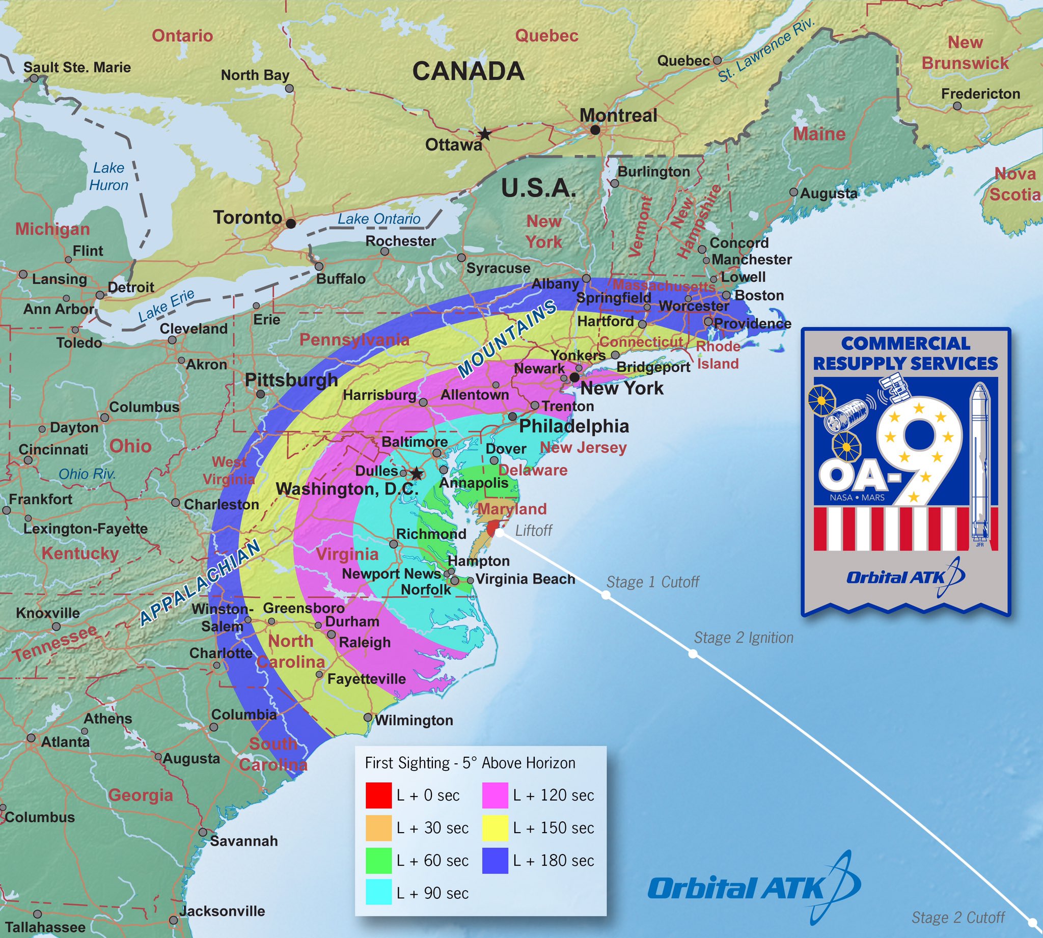 If the weather cooperates, a large, heavily populated area should be able to watch the rocket launch from their home. Image: Orbital ATK