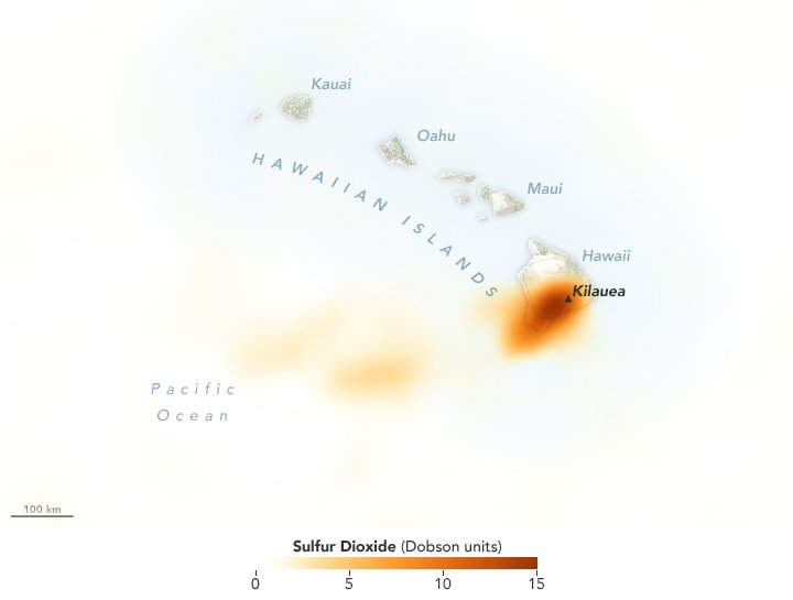 The map above shows concentrations of SO2 as detected by OMPS at 1:30 p.m. local time (23:30 Universal Time) on May 3. Image: NASA