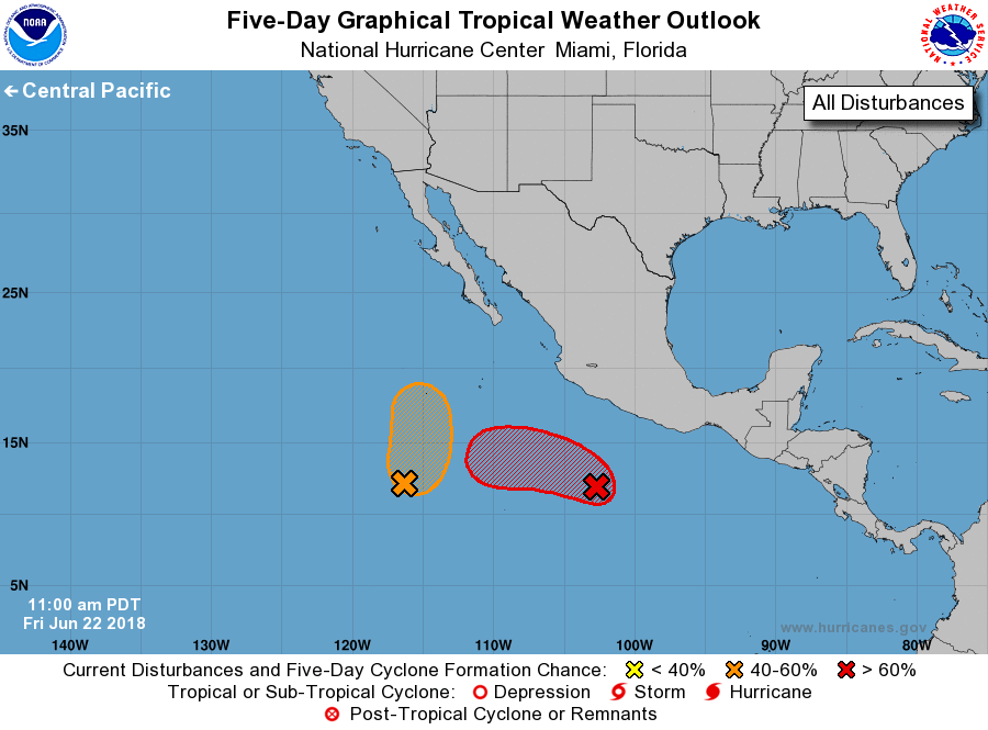 While the Atlantic is quiet, the National Hurricane Center is monitoring two areas that could develop into a tropical cyclone over time in the Eastern Pacific. Image: NHC