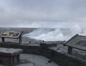 The overlook near the Jaggar Museum and HVO office is covered in volcanic ash and is cracked. Image: Hawaii Volcanoes National Park