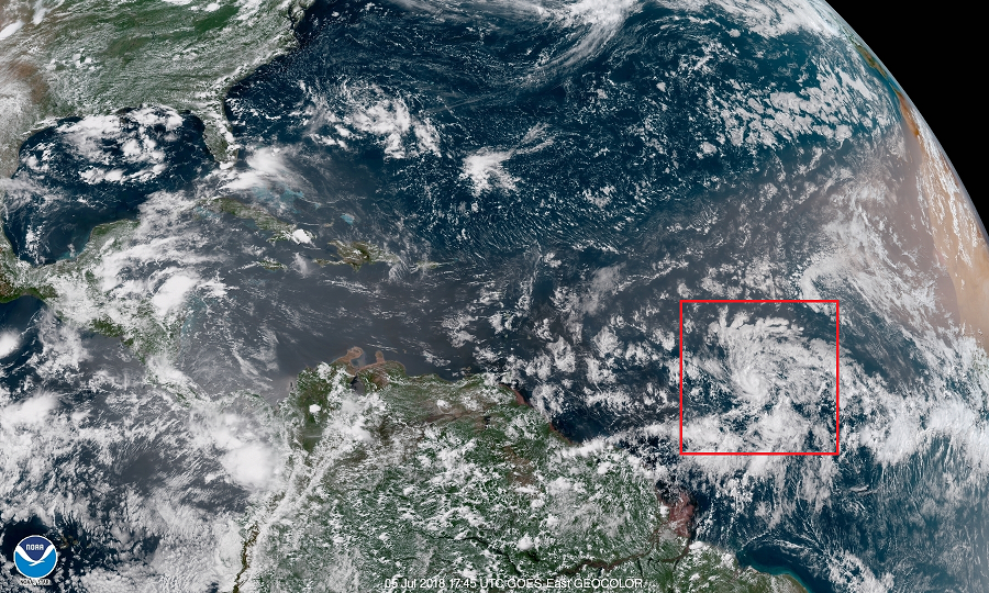 Beryl has formed in the Atlantic, the second named storm of the 2018 Atlantic Hurricane Season. Image: NOAA