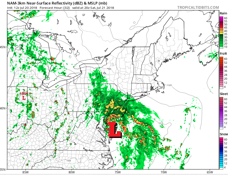 A potent coastal storm is forecast to slide up the east coast this weekend; this map reflects the NAM computer forecast model output for Saturday afternoon. Reds and yellows indicate heavier rain while greens reflect lighter bands. Image: tropicaltidbits.com