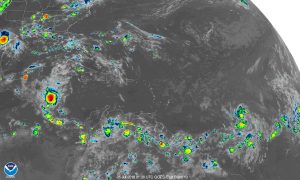 Latest satellite map shows the areas in concern in the Atlantic, with the system in the central Atlantic showing the most impressive satellite signature of the two. Image: NOAA