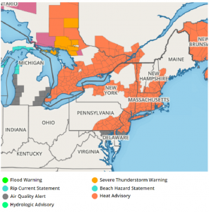 Heat Advisories are up for extreme heat and humidity for a large part of the northeast for Monday. Image: weatherboy.com