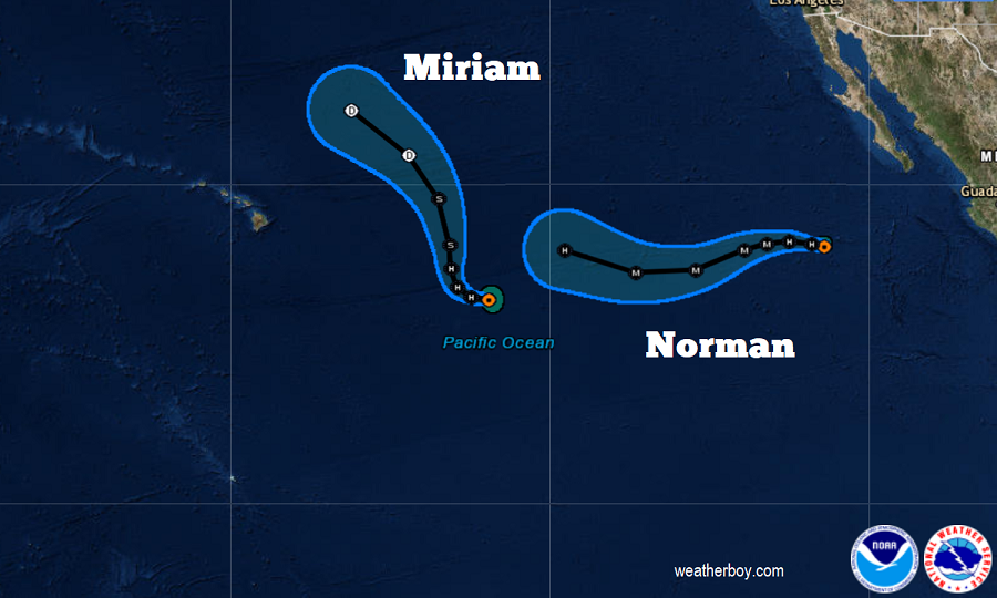 Tracking Miriam and Norman in the Pacific.  Image: NOAA/  weatherboy.com