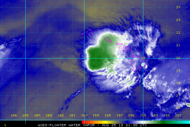 A water vapor image from the GOES satellite shows where deep moisture persists around Lane by Hawaii. This moisture will continue to threaten Hawaii with flooding rains this weekend. Image: NOAA
