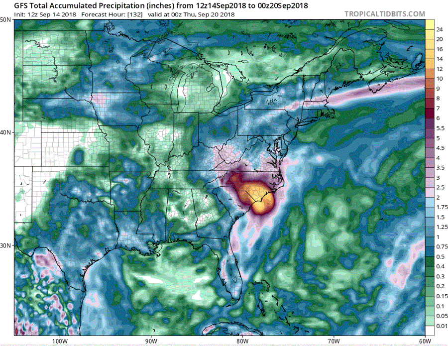 One forecast model solution calls for more than a foot and a half of additional rain on top of what's already fallen. Image: tropicaltidbits.com