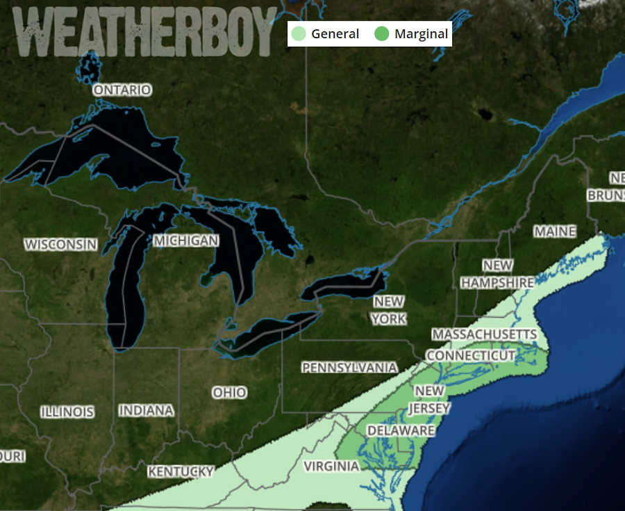 An area of gusty storms is possible across portions of New York, Pennsylvania, Connecticut, Rhode Island, New Jersey, Delaware, Maryland, and Virginia tonight. Image: weatherboy.com