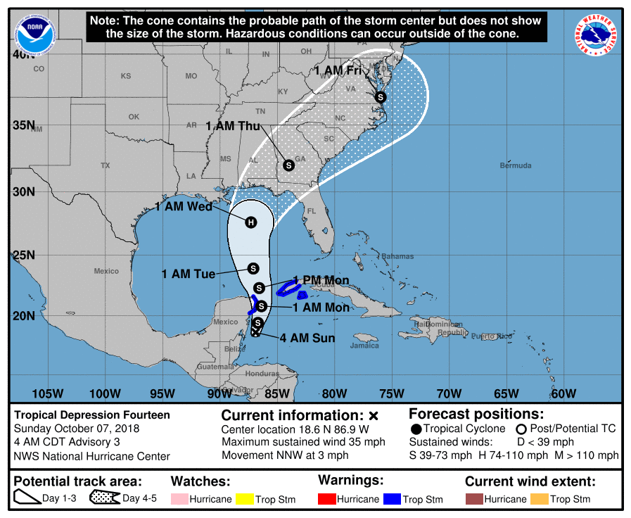 A storm to be named Michael will likely create numerous problems along the U.S. Gulf and East coasts this week. Image: NHC