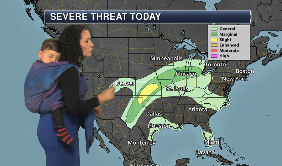 Meteorologist Susie Martin wears her child as she discusses the weather in a recent broadcast. Image: Praedictix