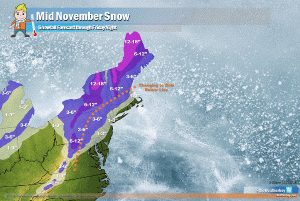 This map reflects expected snow totals from both the Tuesday and Thursday storm system. Note that below the orange change-over line, much accumulation will become slush or wash away before the storm ends. Image: Weatherboy.com