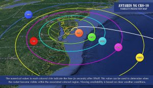 This launch map shows the direction the rocket will take after it lifts off from NASA Wallops Flight Facility in Virginia. The concentric circles show how many seconds will pass after launch from which you should be able to see the rocket rise in the dark early morning skies. Image: NASA