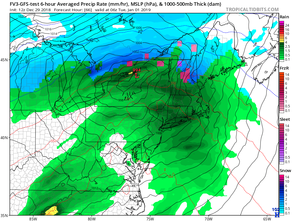 This American GFS forecast model is one of many that depict a very wet end to 2018 and even more wet beginning to 2019 as low pressure moves through the Northeast for New Year's. Image: tropicaltidbits.com