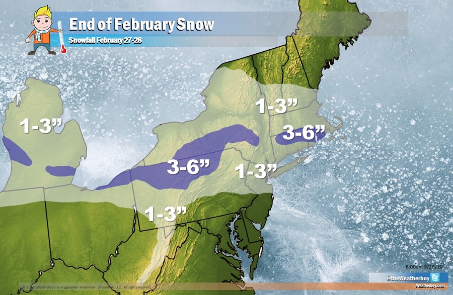 The month of February will end with a round of light accumulating snow for some.  Image: weatherboy.com