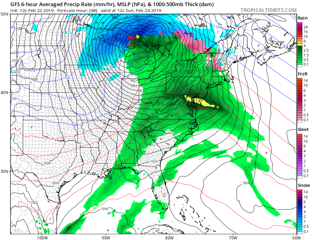 Low pressure will march east this weekend, bringing soaking rains instead of accumulating snow to many locations. Image: tropicaltidbits.com