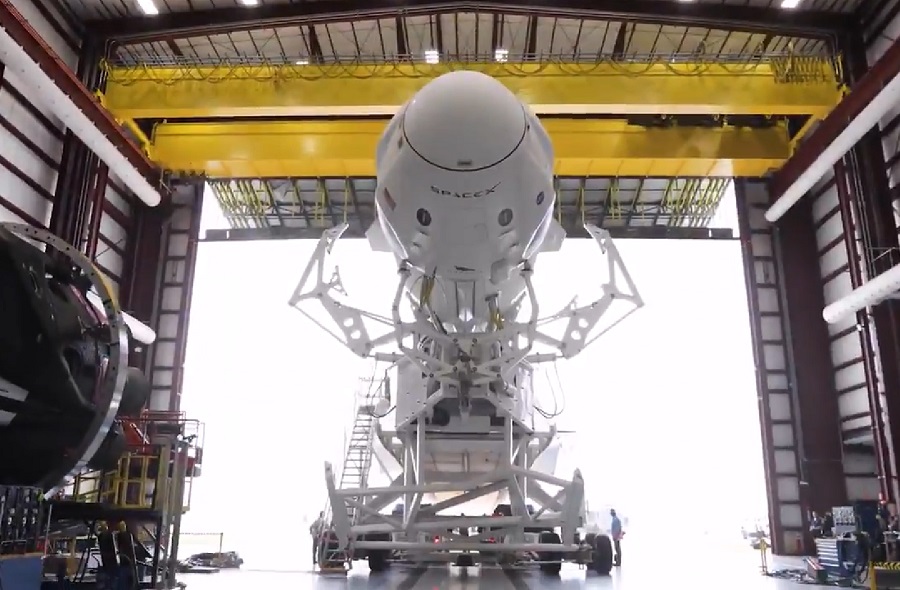 SpaceX's Crew Dragon is rolled out at NASA's Kennedy Space Center ahead of it's scheduled March 2 demo flight. Image: SpaceX