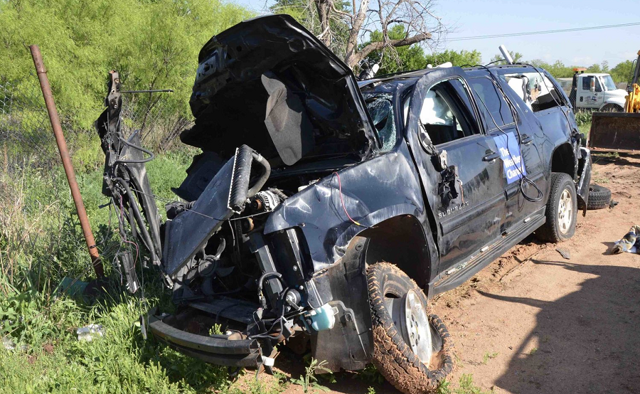 This vehicle, with the Weather Channel logo still on its side, ended up killing its occupants along with the driver of a Jeep Patriot during a tornado chase in 2017. Image: Law Offices of Robert A. Ball