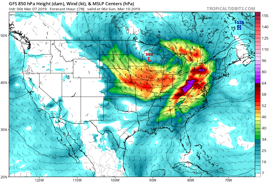 A strong low pressure system moving through the Great Lakes this weekend is likely to produce another significant wind event for many. Image: tropicaltidbits.com