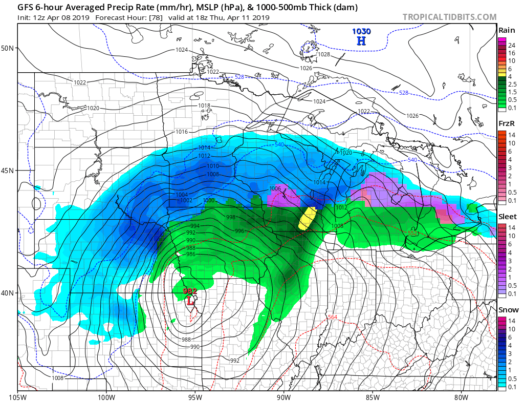 A potent area of low pressure will bring a variety of harsh weather conditions to the Midwest and East this week. Image: tropicaltidbits.com