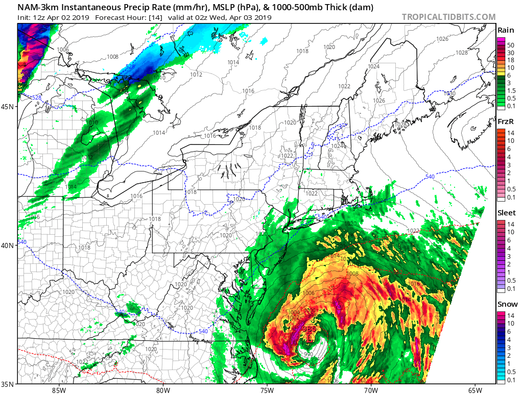 A potent storm system will continue to push up the east coast over the next day and a half, as this NAM short-term / high-resolution computer forecast model shows. Image: tropicaltidbits.com