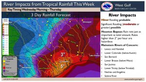 Houston, Texas could see the worst rain impacts from this system moving through the Gulf of Mexico. Image: NWS