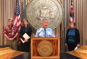 The governor was joined by Hawaii Department of Land and Natural Resources Chair Suzanne Case, Attorney General Clare Connors, and University of Hawaii President David Lassner to announce the start of construction of the TMT. Image: Hawaii Governor's Office