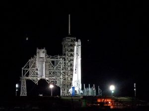 The SpaceX Falcon rocket sits on Launch Pad 39A the night before its historic first launch there on February 19, 2017. Photograph: Weatherboy