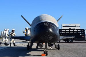 The Air Force's X-37B Orbital Test Vehicle mission 4 lands at NASA 's Kennedy Space Center Shuttle Landing Facility, Fla., May 7, 2017. Managed by the Air Force Rapid Capabilities Office, the X-37B program is the newest and most advanced re-entry spacecraft that performs risk reduction, experimentation and concept of operations development for reusable space vehicle technologies. Photograph: US Air Force