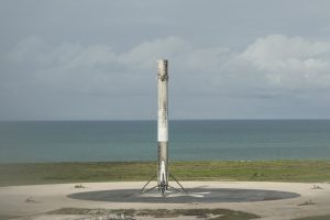SpaceX Falcon9 first stage rocket standing upright after landing at its Landing Zone #1. Photo: SpaceX