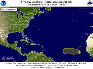 Latest five-day outlook from the National Hurricane Center for the Atlantic Hurricane Basin. Map: NHC