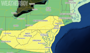 The National Weather Service's Storm Prediction Center has issued a new Convective Outlook showing likely thunderstorms in green and a heightened threat of severe weather in yellow for Thursday, July 27. Map: weatherboy.com