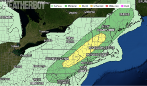 The National Weather Service's Storm Prediction Center shows a severe weather outbreak may unfold across portions of the northeast on Tuesday, September 5. Image: Weatherboy.com